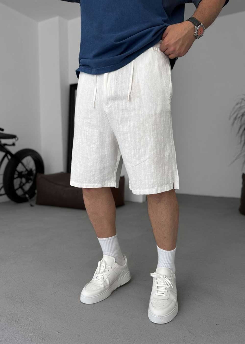 White Texture Βερμούδα με Λάστιχο στη Μέση – Λευκό