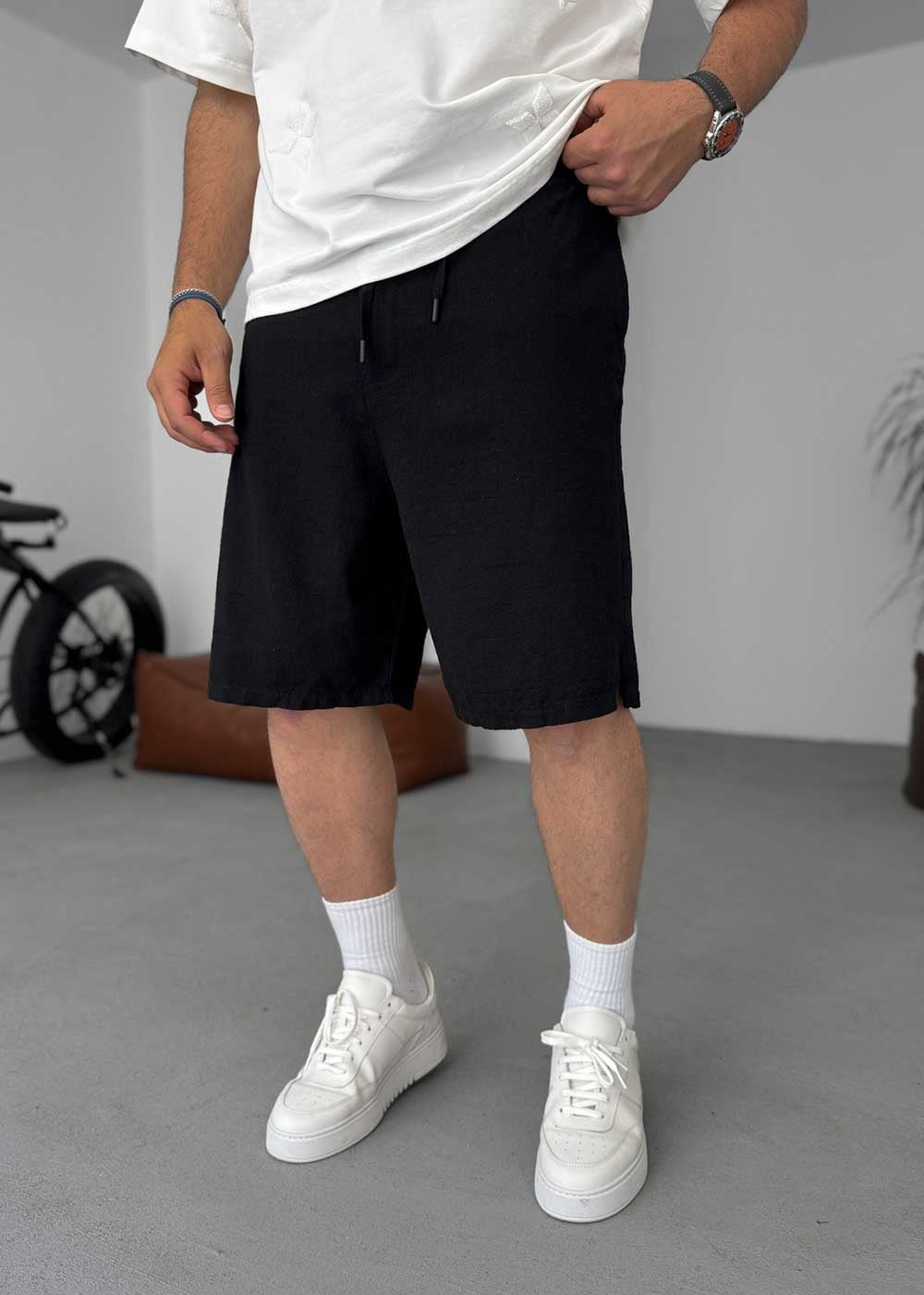 White Texture Βερμούδα με Λάστιχο στη Μέση – Μαύρο