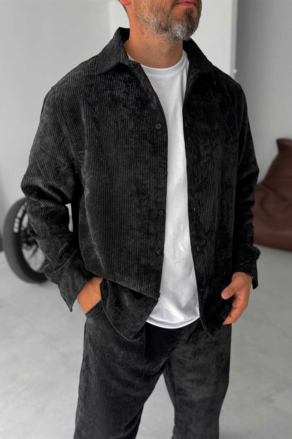 Ανδρικό Σετ Κοτλέ Oversized Πουκάμισο & Baggy Παντελόνι - Μαύρο