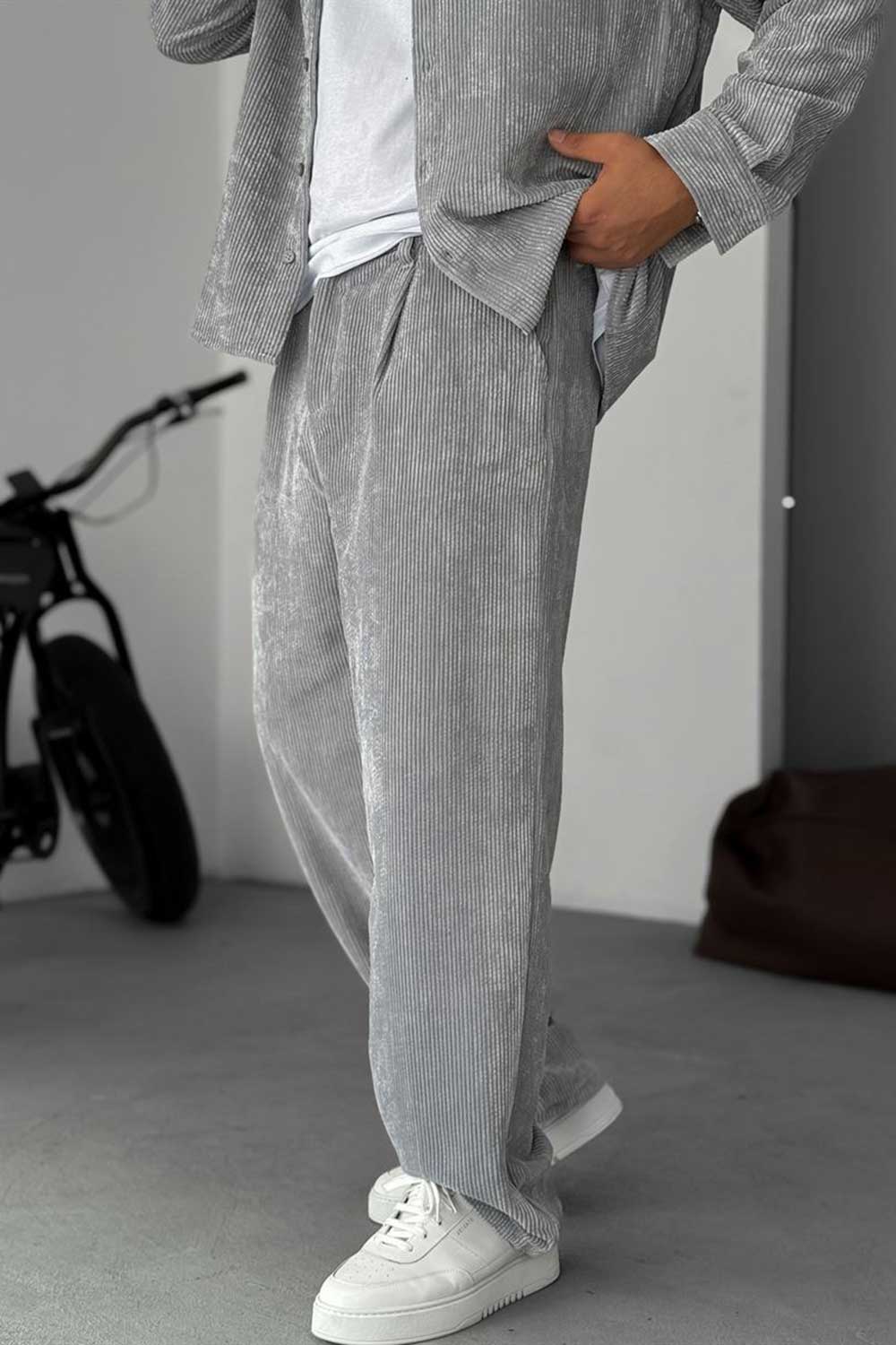 Ανδρικό Σετ Κοτλέ Oversized Πουκάμισο & Baggy Παντελόνι - Γκρι