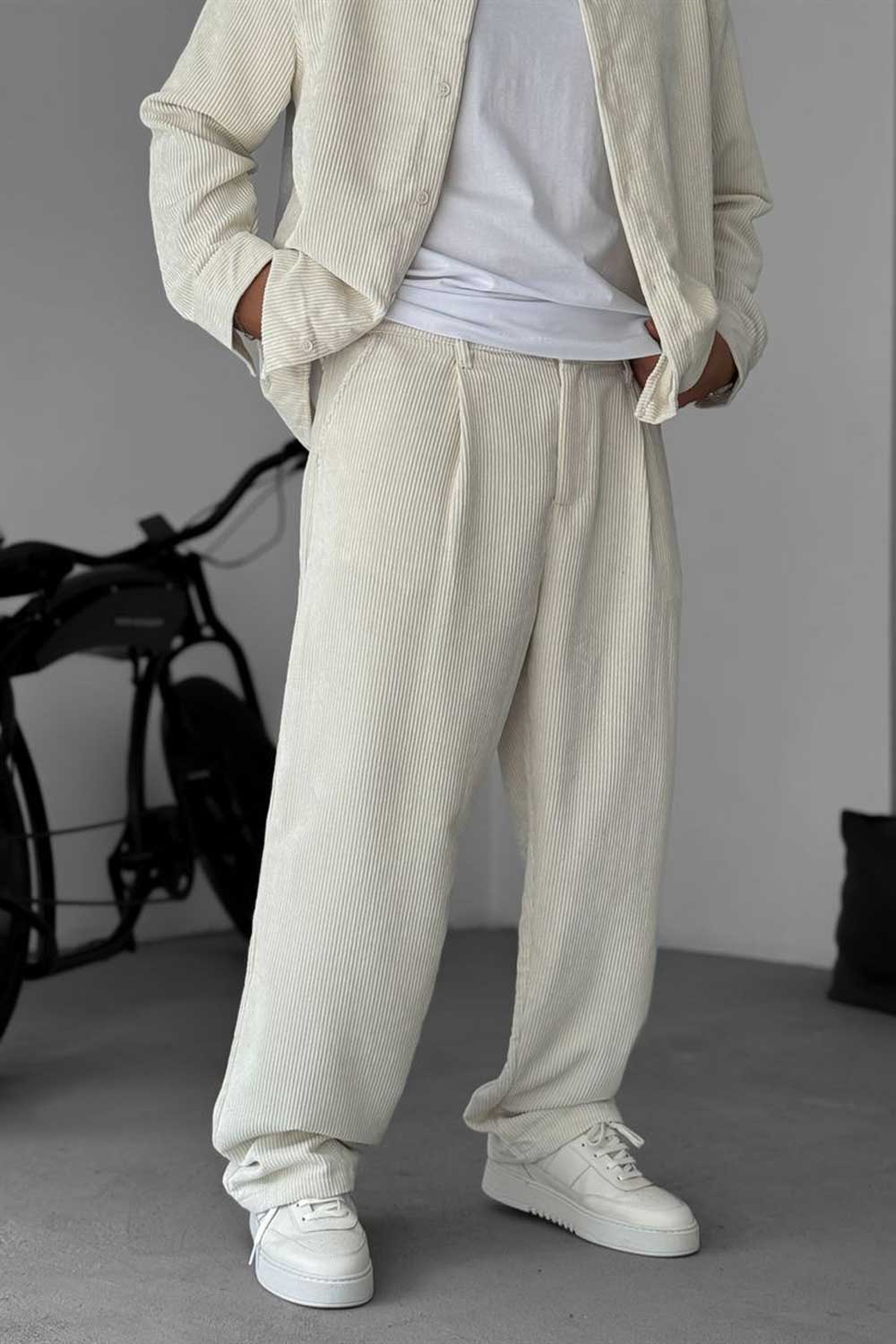 Ανδρικό Σετ Κοτλέ Oversized Πουκάμισο & Baggy Παντελόνι - Εκρού