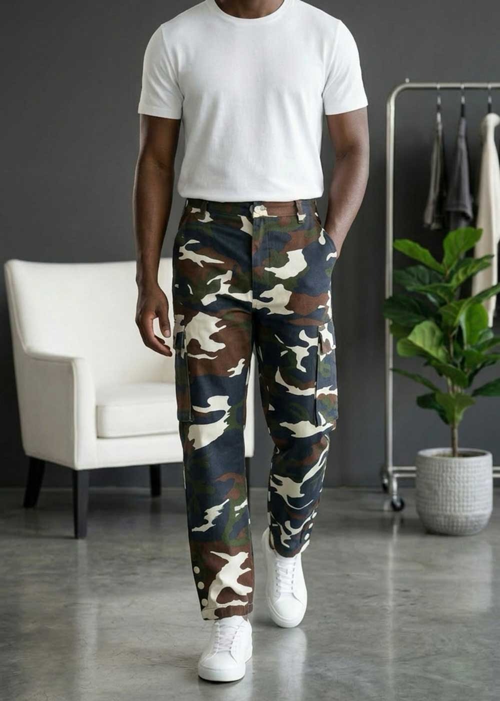 Camo Cargo Loose Fit Παντελόνι με Λάστιχο στη Μέση και Κουμπιά στο Τελείωμα – Dark Blue