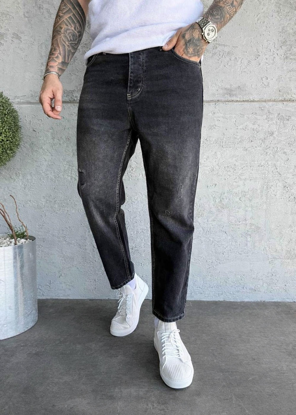 Παντελόνι Τζιν Loose Fit Με Ραφές Και Ξεβαμμένο Εφέ Με Λεπτομέρεια Από Σκισίματα– Ανθρακί