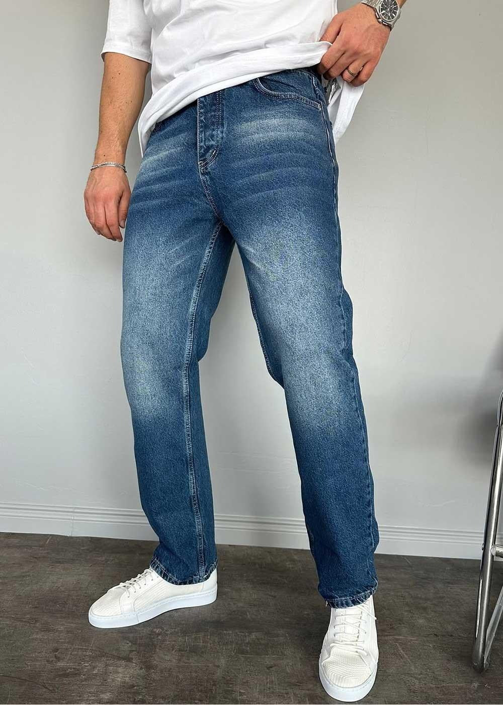 Baggy Denim Τζιν Παντελόνι Με Ραφές Και Ξεβαμμένο Εφέ – Μπλε – 4