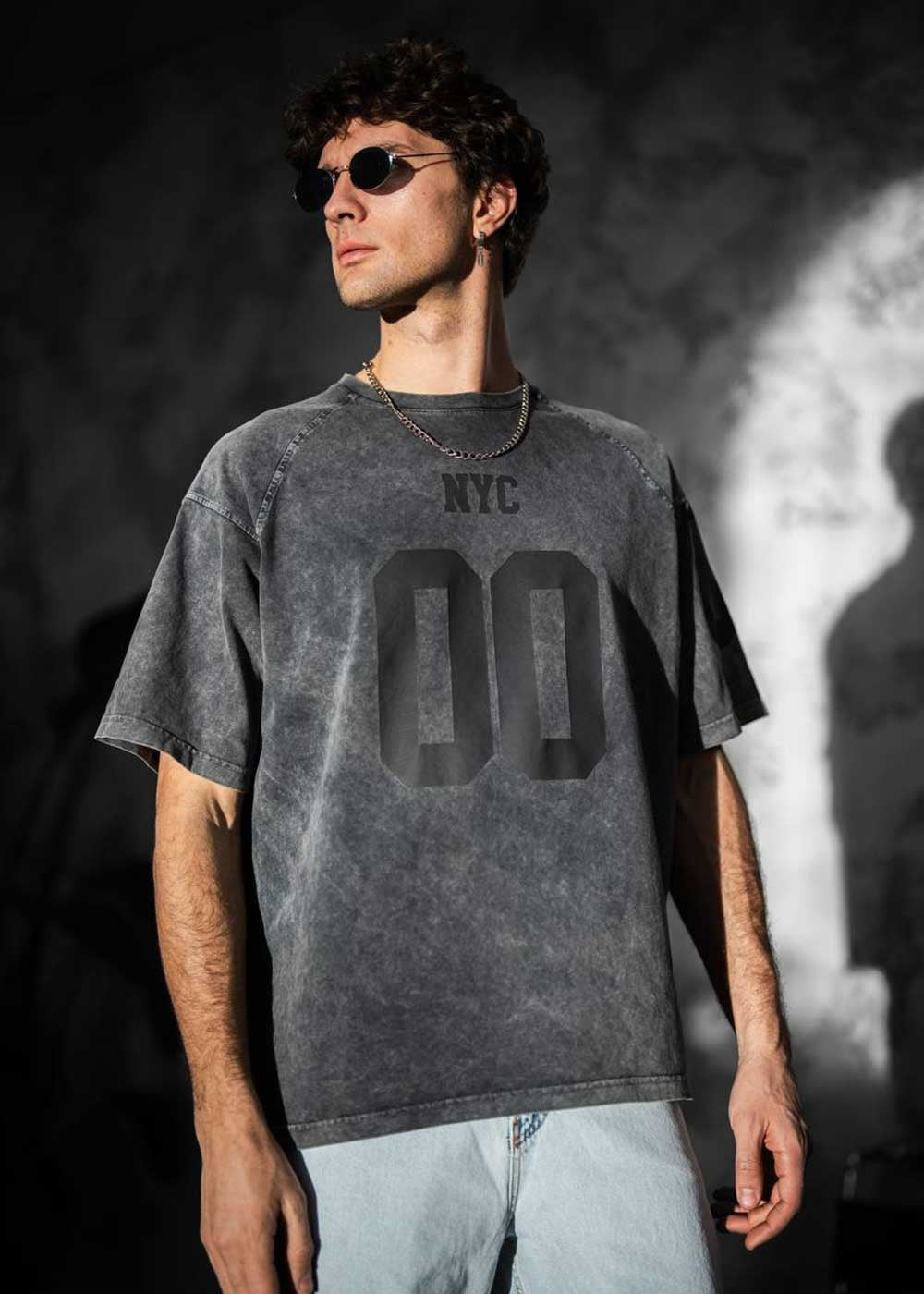 NYC Oversized T-shirt Με Τύπωμα Και Ξεβαμμένο Εφέ – Ανθρακί