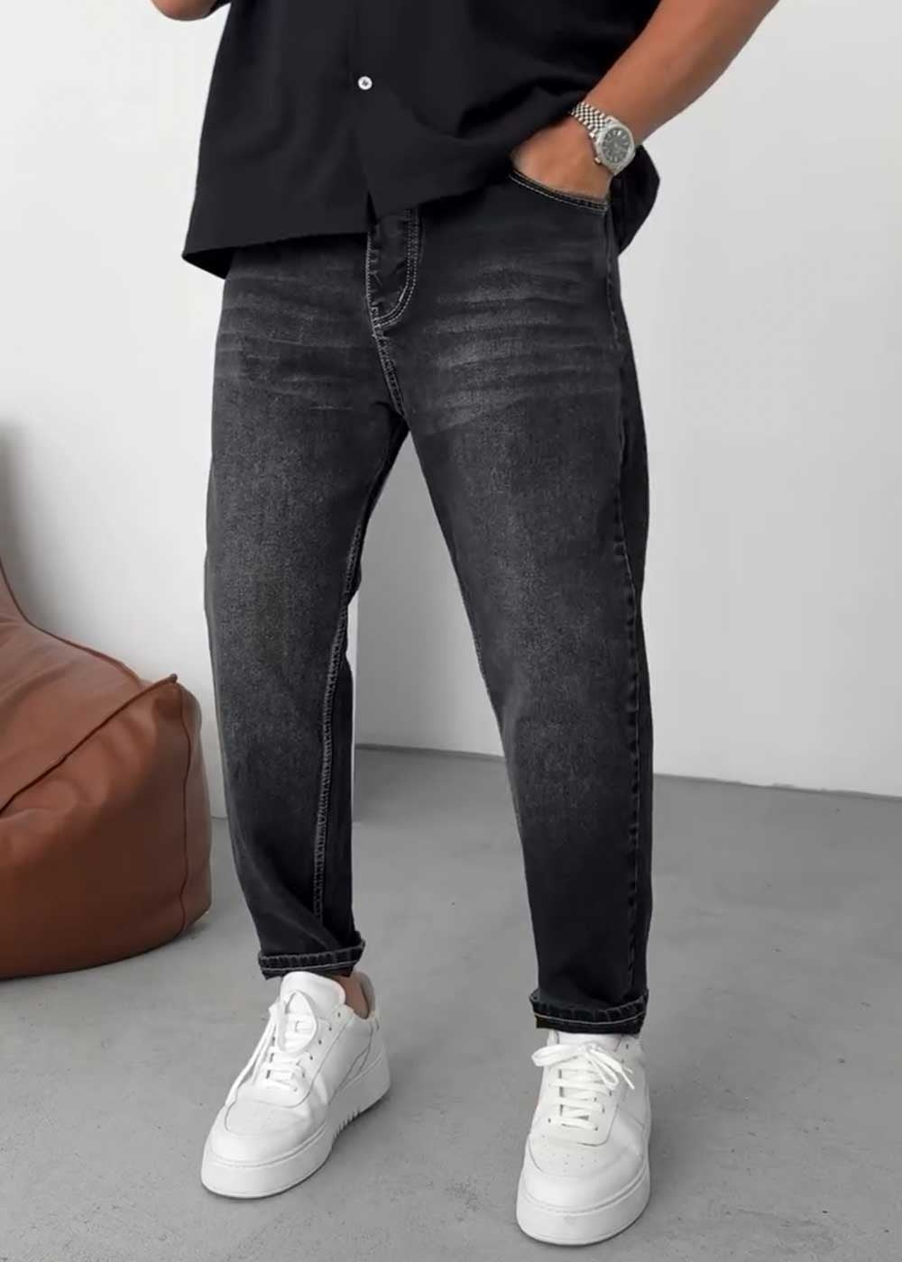 Παντελόνι Τζιν Loose Fit Με Ραφές Και Ξεβαμμένο Εφέ – Ανθρακί