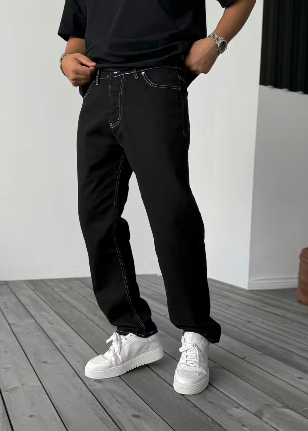 Baggy Denim Τζιν Παντελόνι Με Ραφές – Μαύρο – 2