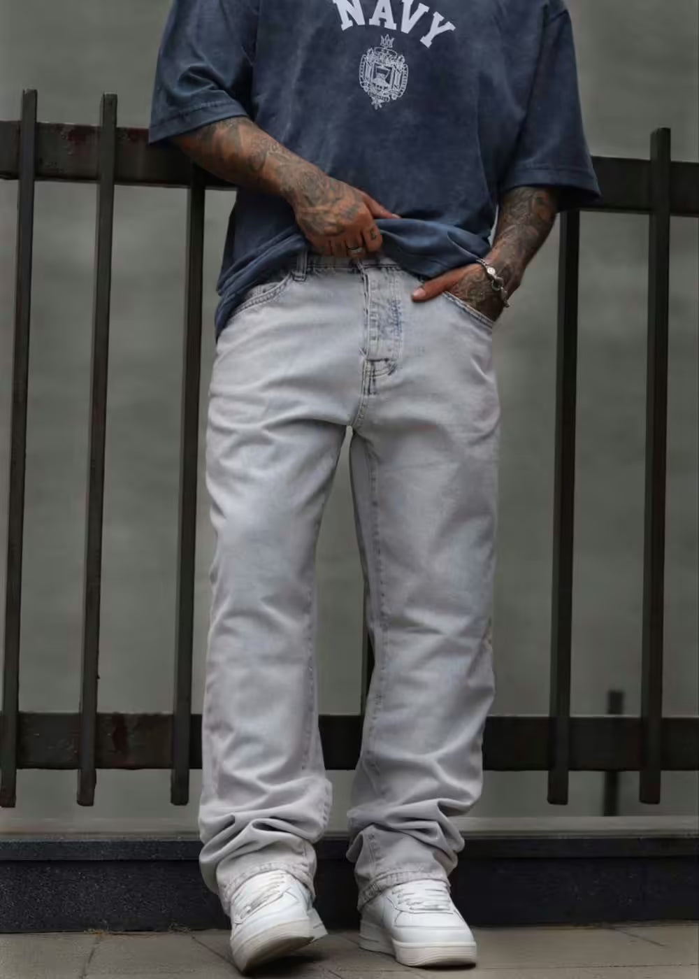 Baggy Denim Τζιν Παντελόνι Ξεβαμμένο Με Μικρές Αντιθέσεις  - Γκρι του πάγου