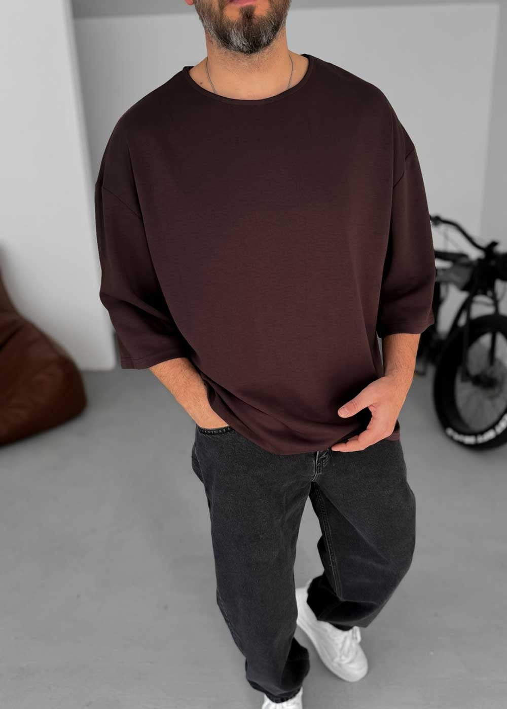 Three-Quarter 3/4 Sleeve T-Shirt Με Ελαστικότητα – Σκούρο Καφέ