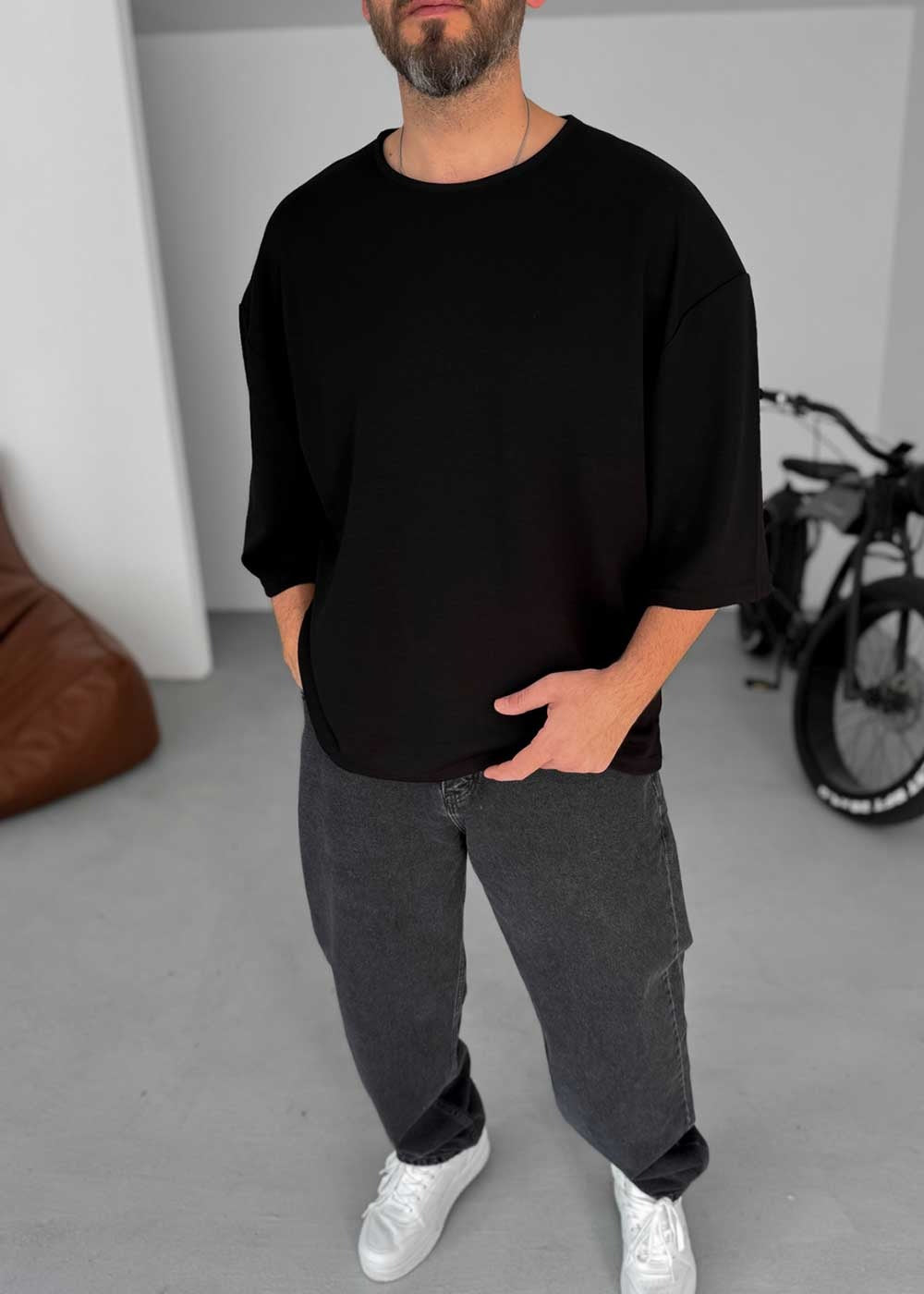 Three-Quarter 3/4 Sleeve T-Shirt Με Ελαστικότητα – Μαύρο