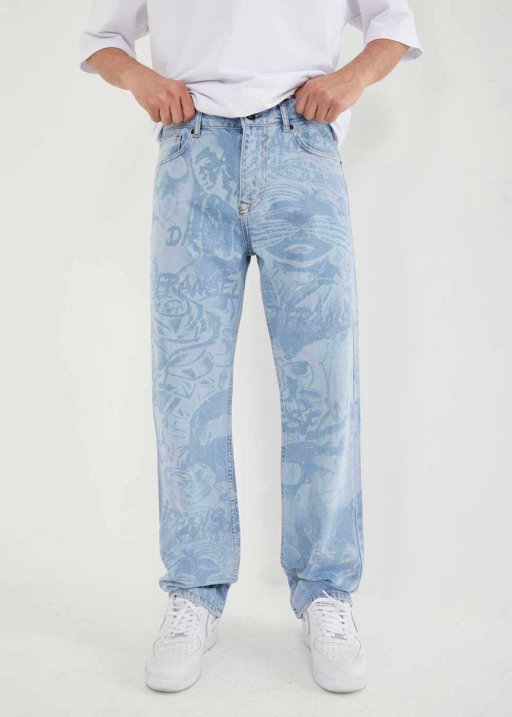 Full Printed Baggy Denim Παντελόνι - Ανοιχτό Γαλάζιο