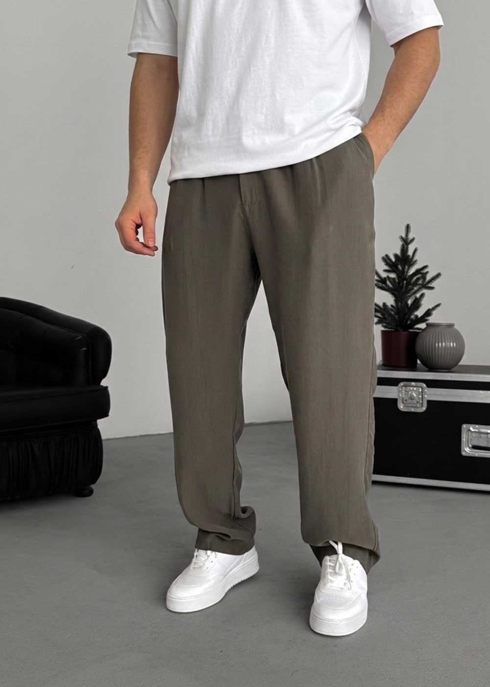 Premium Baggy Παντελόνι από Tencel με Πιέτες – Χακί