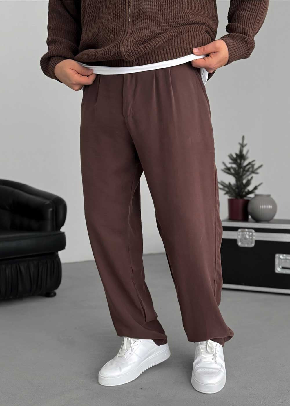 Premium Baggy Παντελόνι από Tencel με Πιέτες – Καφέ