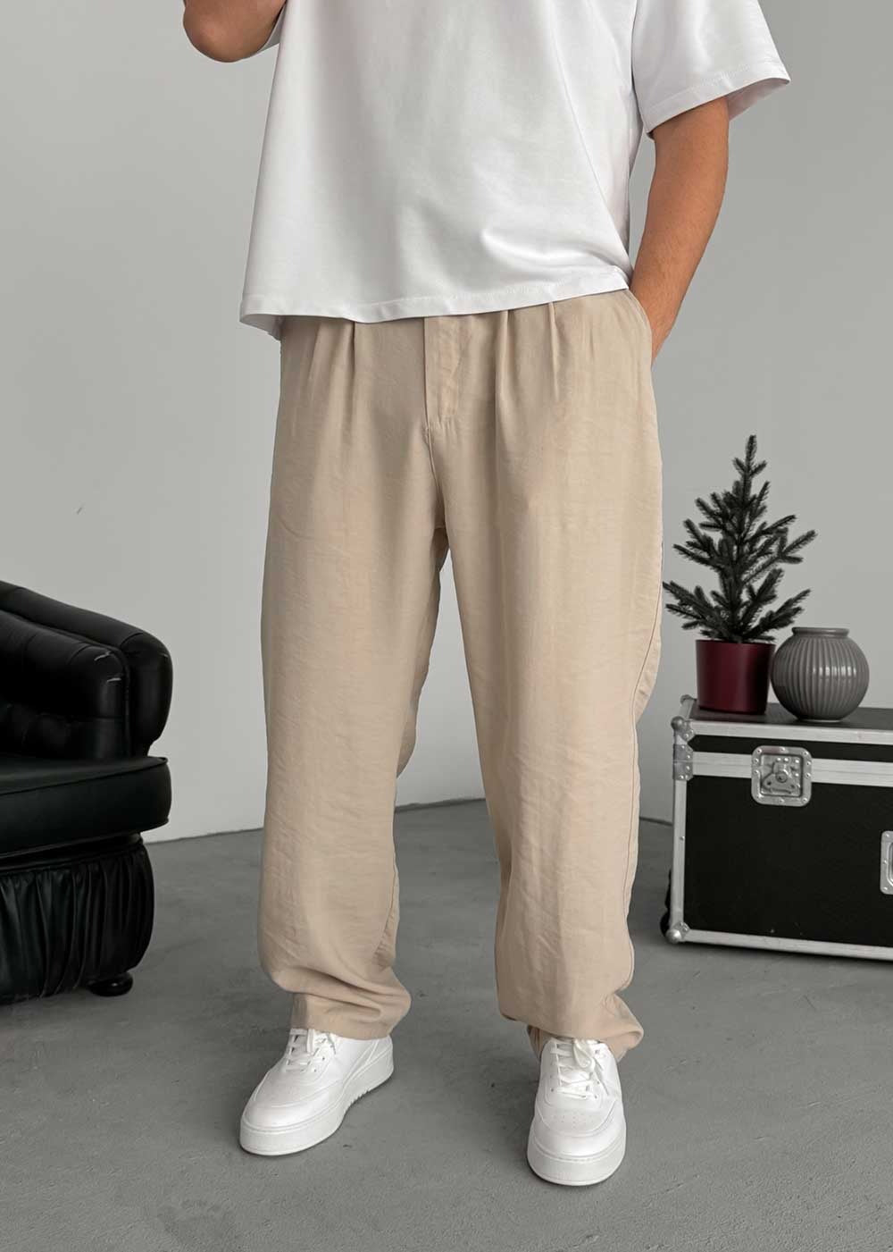 Premium Baggy Παντελόνι από Tencel με Πιέτες – Μπεζ