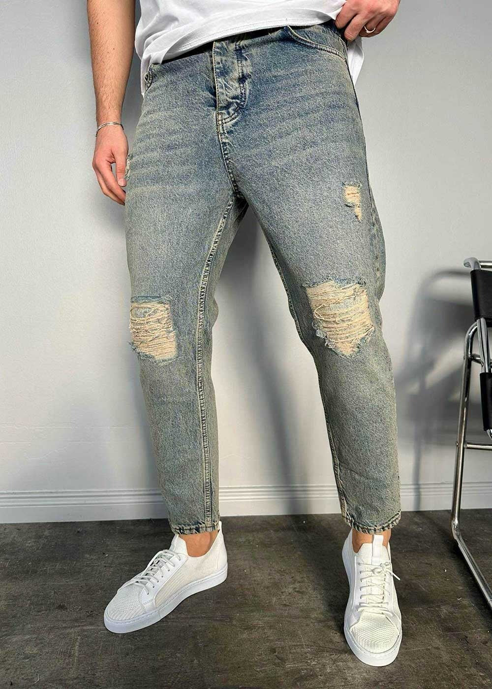 Παντελόνι Loose Fit Jean Με Εφέ Πλυσίματος Και Σκισίματα – Ξεβαμμένο Μπλε
