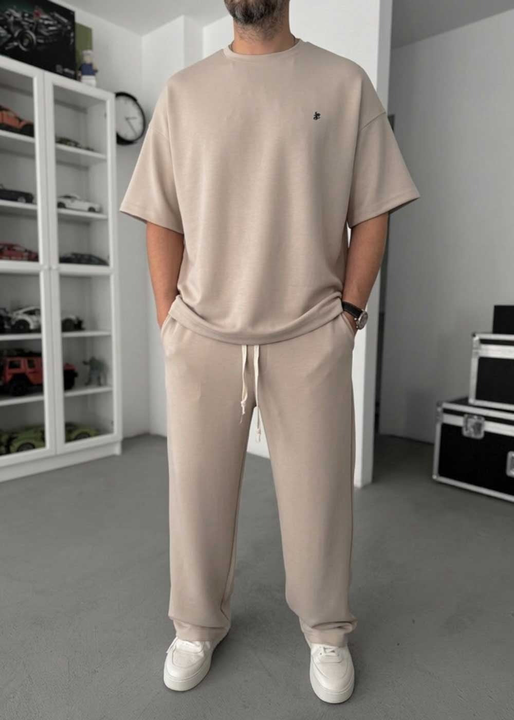 Embossed Modal Oversized T-Shirt & Relaxed Jogger Σετ – Μπεζ