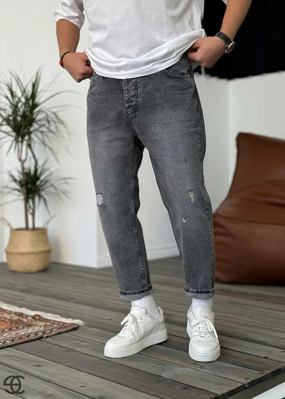 Παντελόνι Τζιν Loose Fit Με Μικρά Σκισίματα - Γκρι Σκούρο