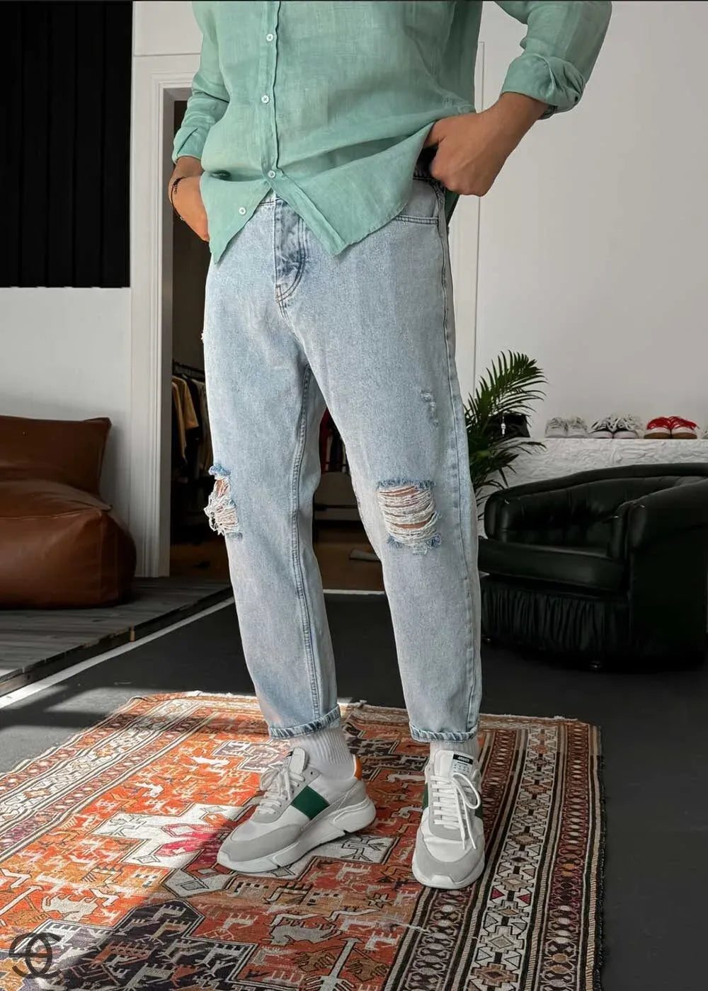 Παντελόνι Τζιν Loose Fit Με Σκισίματα Στα Γόνατα- Ρετρό Γαλάζιο