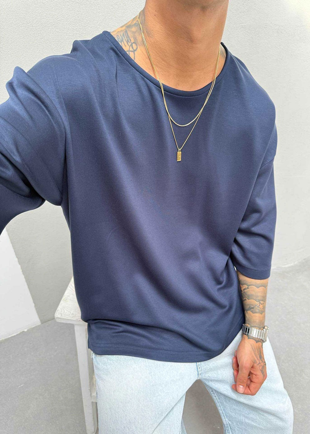 Three-Quarter 3/4 Sleeve T-Shirt Με Ελαστικότητα – Μπλε