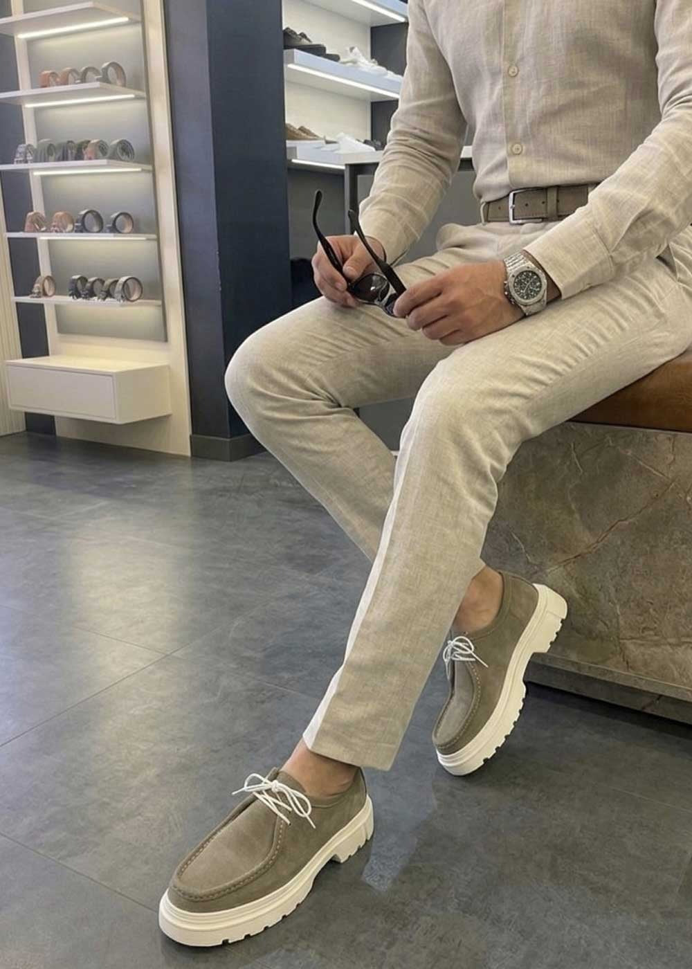 Chunky Suede Sneakers με Ανάγλυφη Σόλα – Λαδί