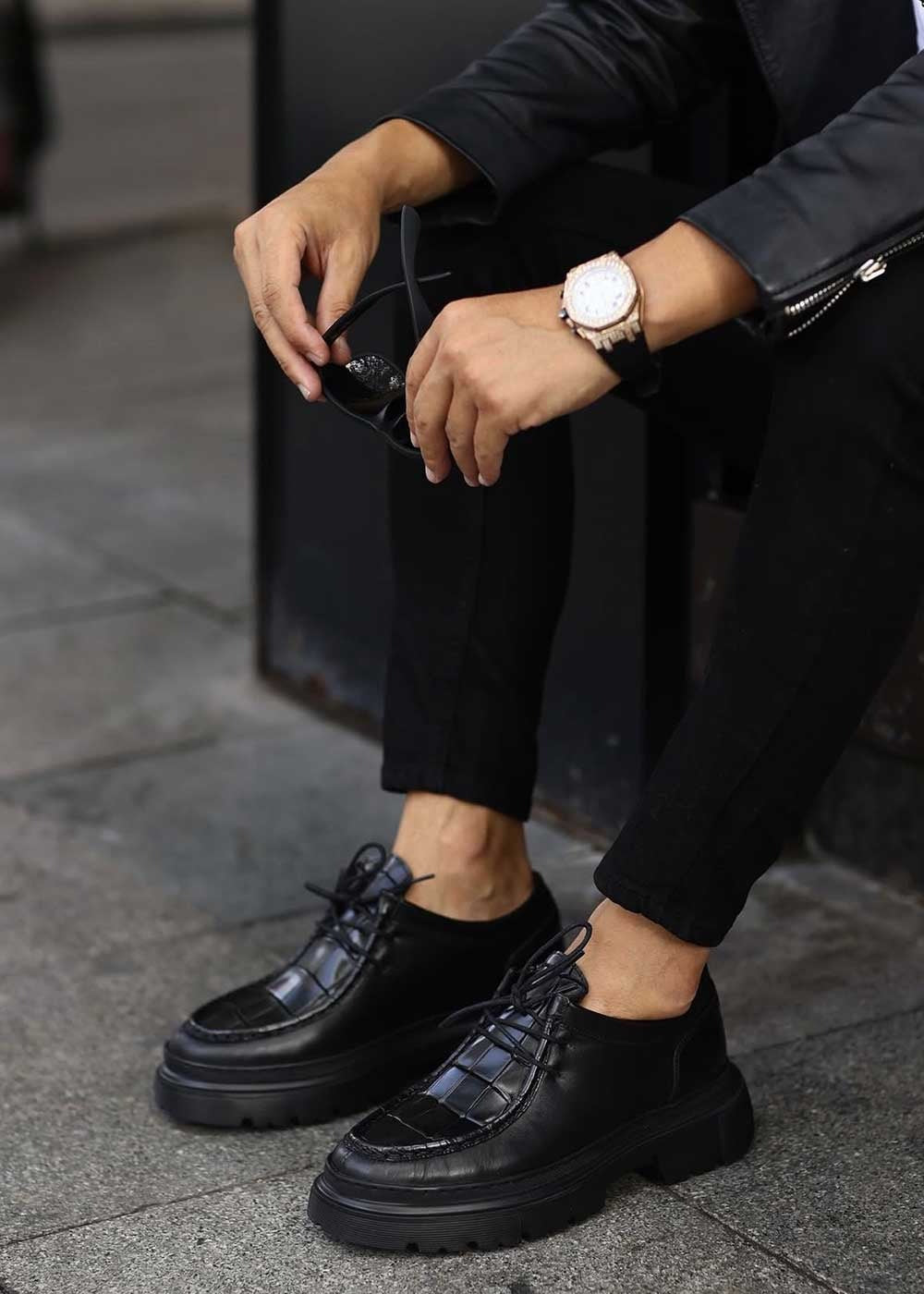 Leather Loafers με Ανάγλυφη Croco Ύφή – Μαύρο