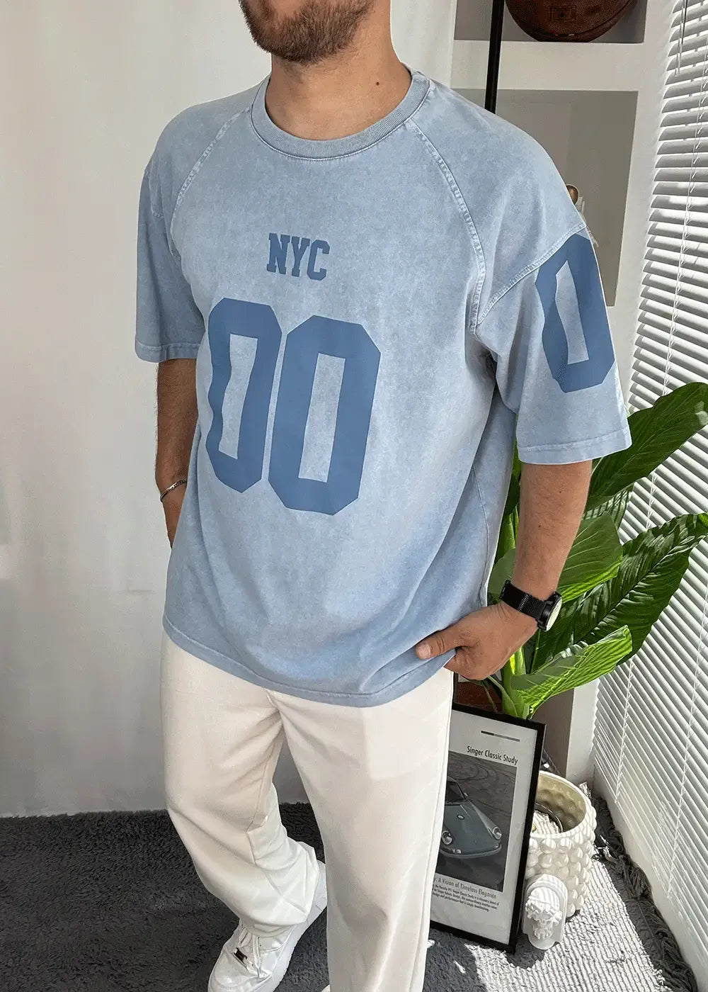 NYC Oversized T-shirt Με Τύπωμα Και Ξεβαμμένο Εφέ – Γαλάζιο