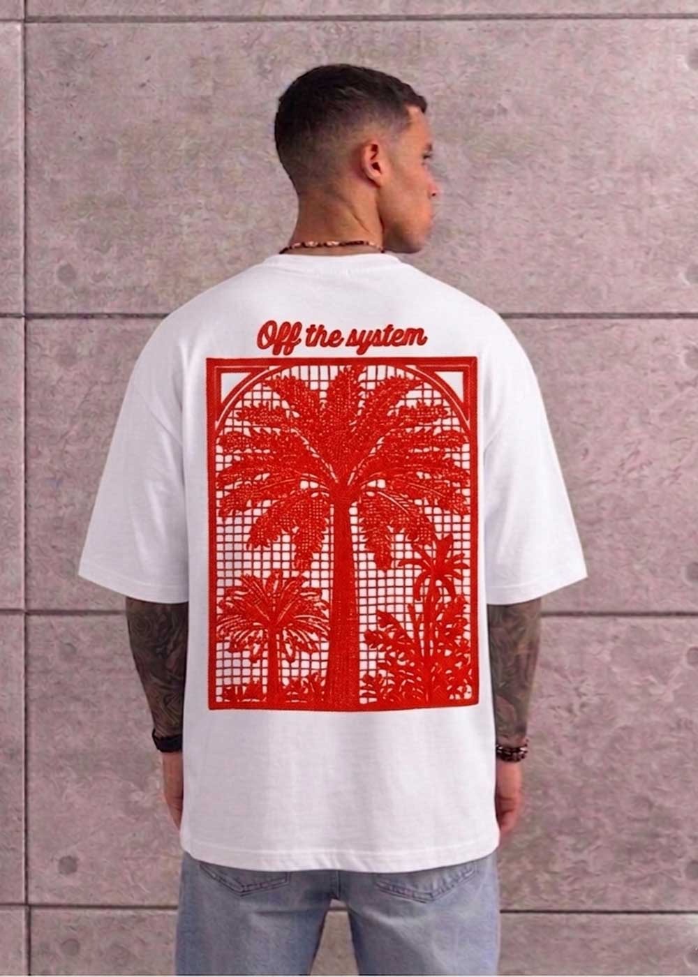 Oversized T-Shirt Off the System Με Κέντημα – Λευκό / Κόκκινο – 3