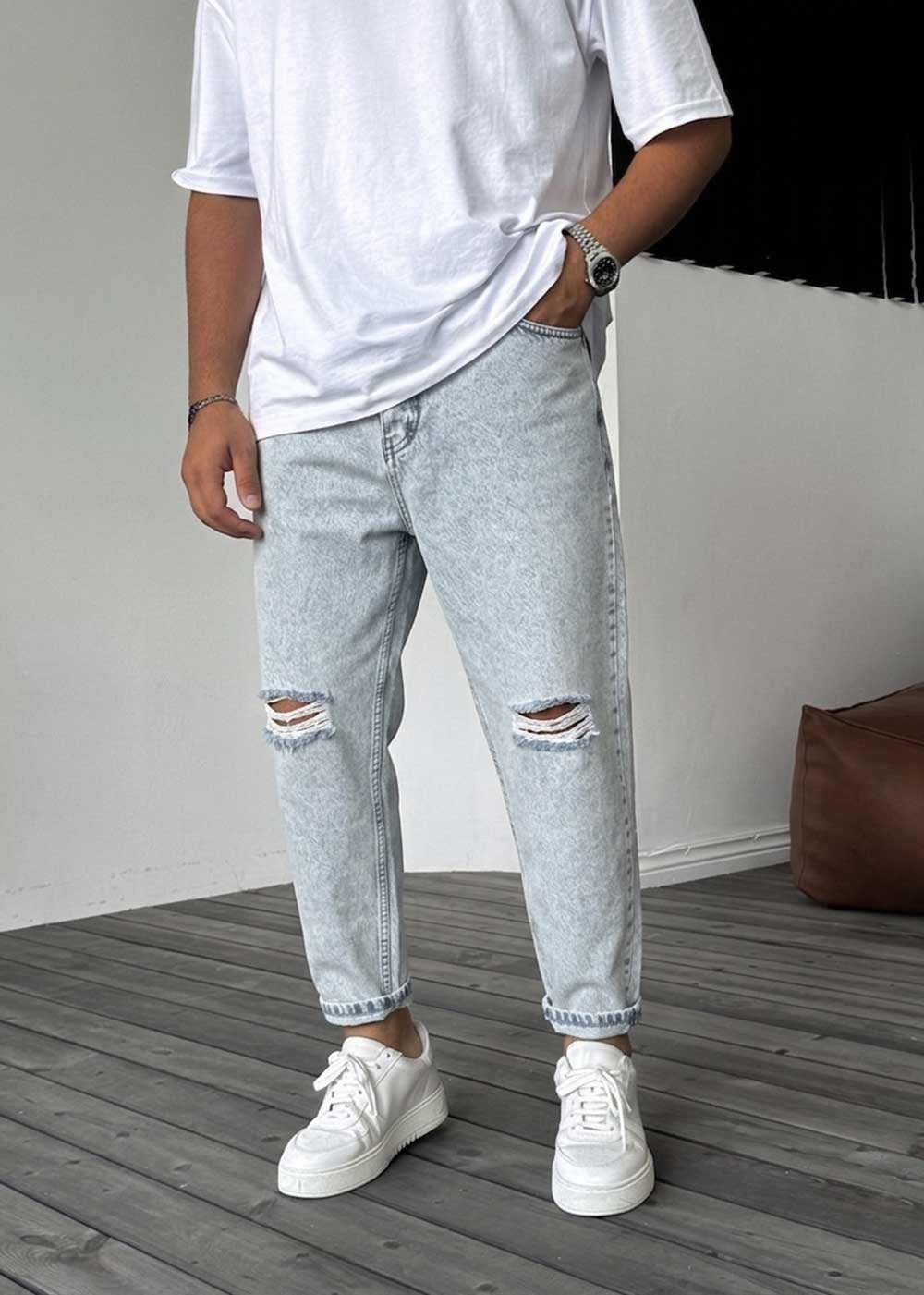 Παντελόνι Loose Fit Jean Με Σκίσιμο Στα Γόνατα  - Γαλάζιο – 3