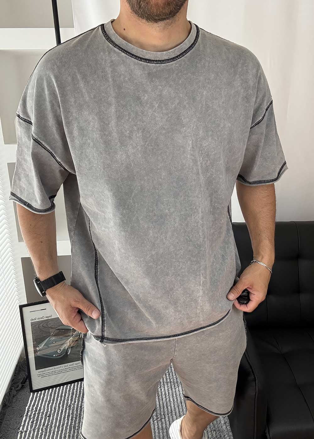 Faded Oversized Tshirt Με Ραφές – Γκρι Ξεβαμμένο