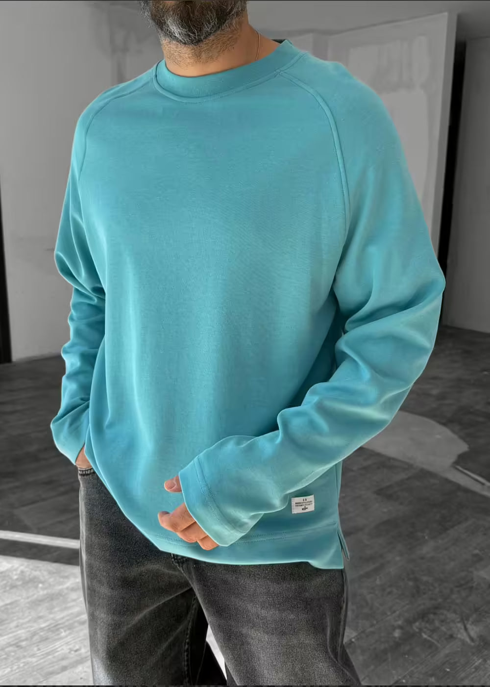 Oversized Λεπτή Μπλούζα Φούτερ Με Στρογγυλό Γιακά – Γαλάζιο Ουρανί