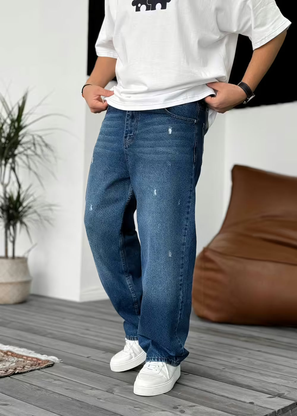 Παντελόνι Relax Baggy Με Μικρά Σκισίματα – Ρετρό Μπλε