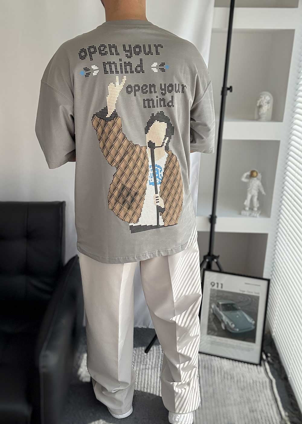 Open Your Mind Oversized T-Shirt με Τύπωμα – Γκρι