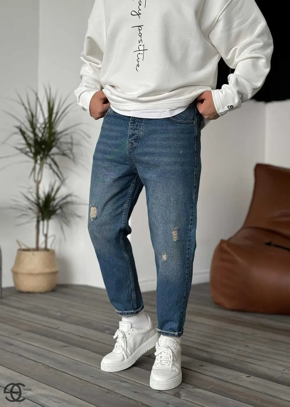 Παντελόνι Τζιν Loose Fit Ρετρό Επεξεργασμένο Μπλε Με Εφέ Πράσινου Και Σκισιματα – 4