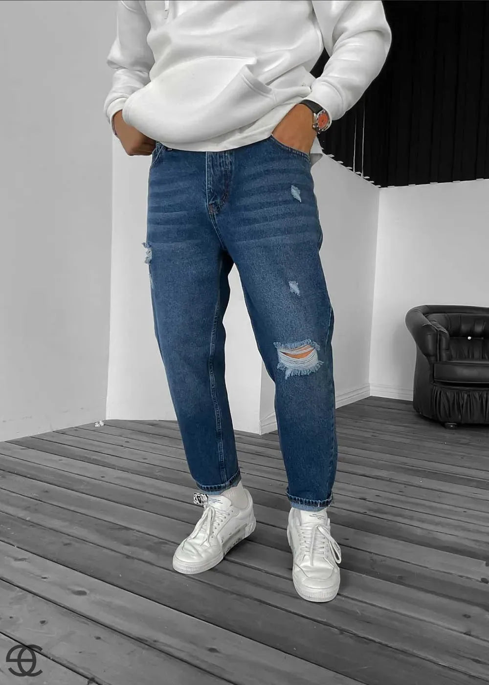 Παντελόνι Τζιν Loose Fit Με Σκισίματα Και Αντιθέσεις Στις Τσέπες – Μπλε
