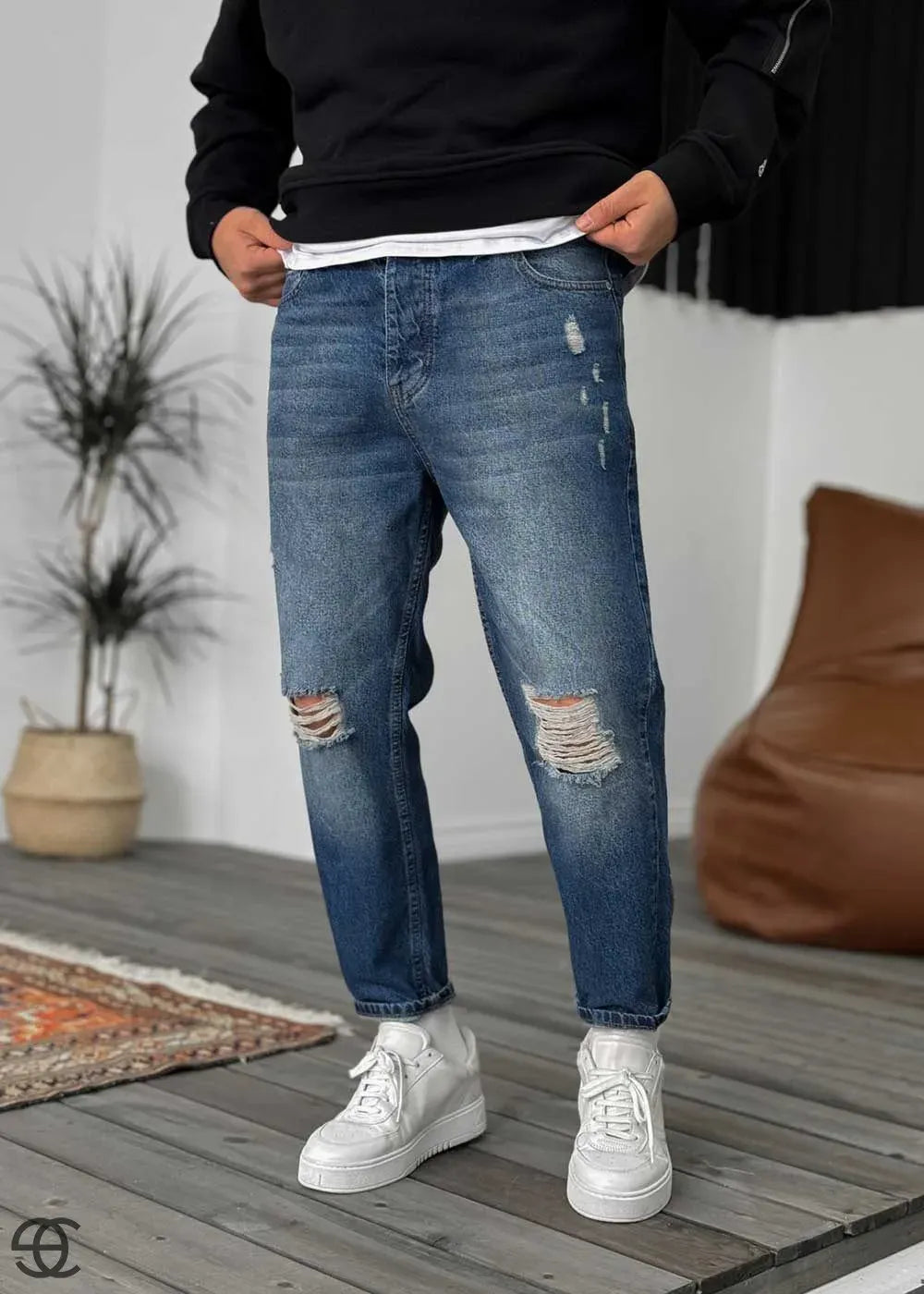 Παντελόνι Τζιν Loose Fit Πετροπλυμένο Με Σκίσιμο Στα Γόνατα - Μπλε