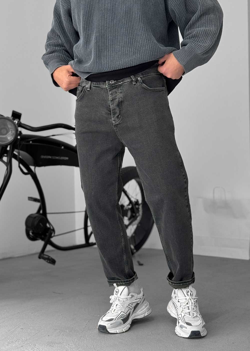 Παντελόνι Τζιν Loose Fit Με Ραφές Και Ελαστάν - Σκούρο Ανθρακί