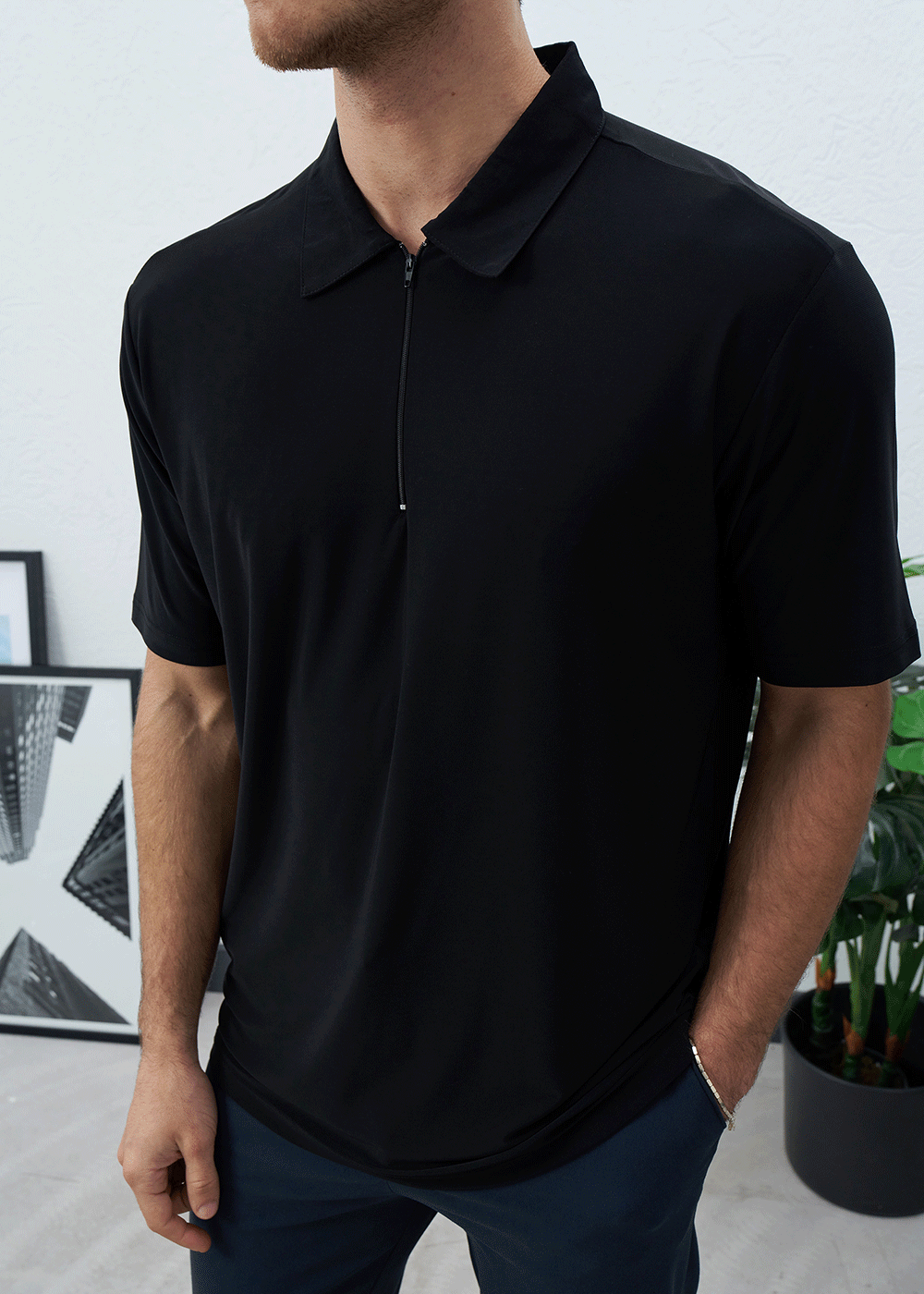Polo T-Shirt Quarter-Zip Silk-Touch – Μαύρο