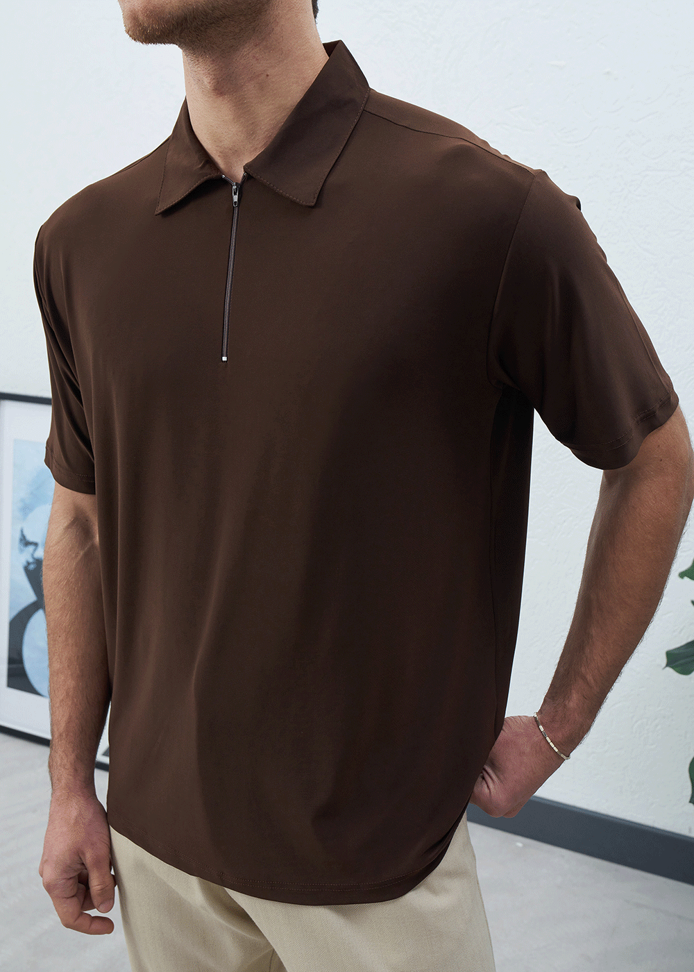Polo T-Shirt Quarter-Zip Silk-Touch – Καφέ – 4