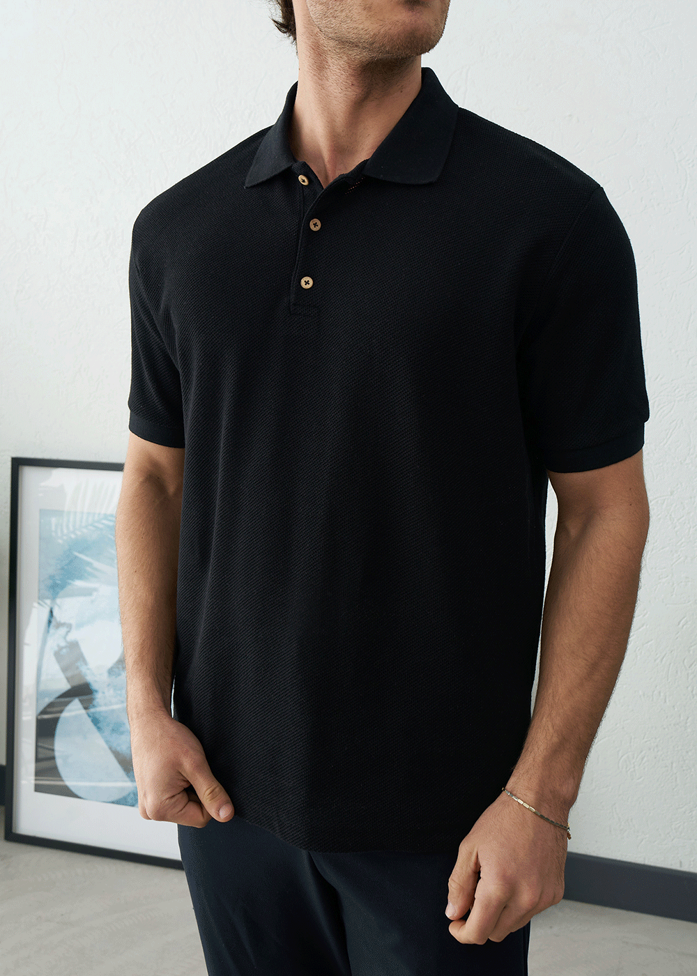 Polo T-Shirt Pique Textured – Μαύρο – 5