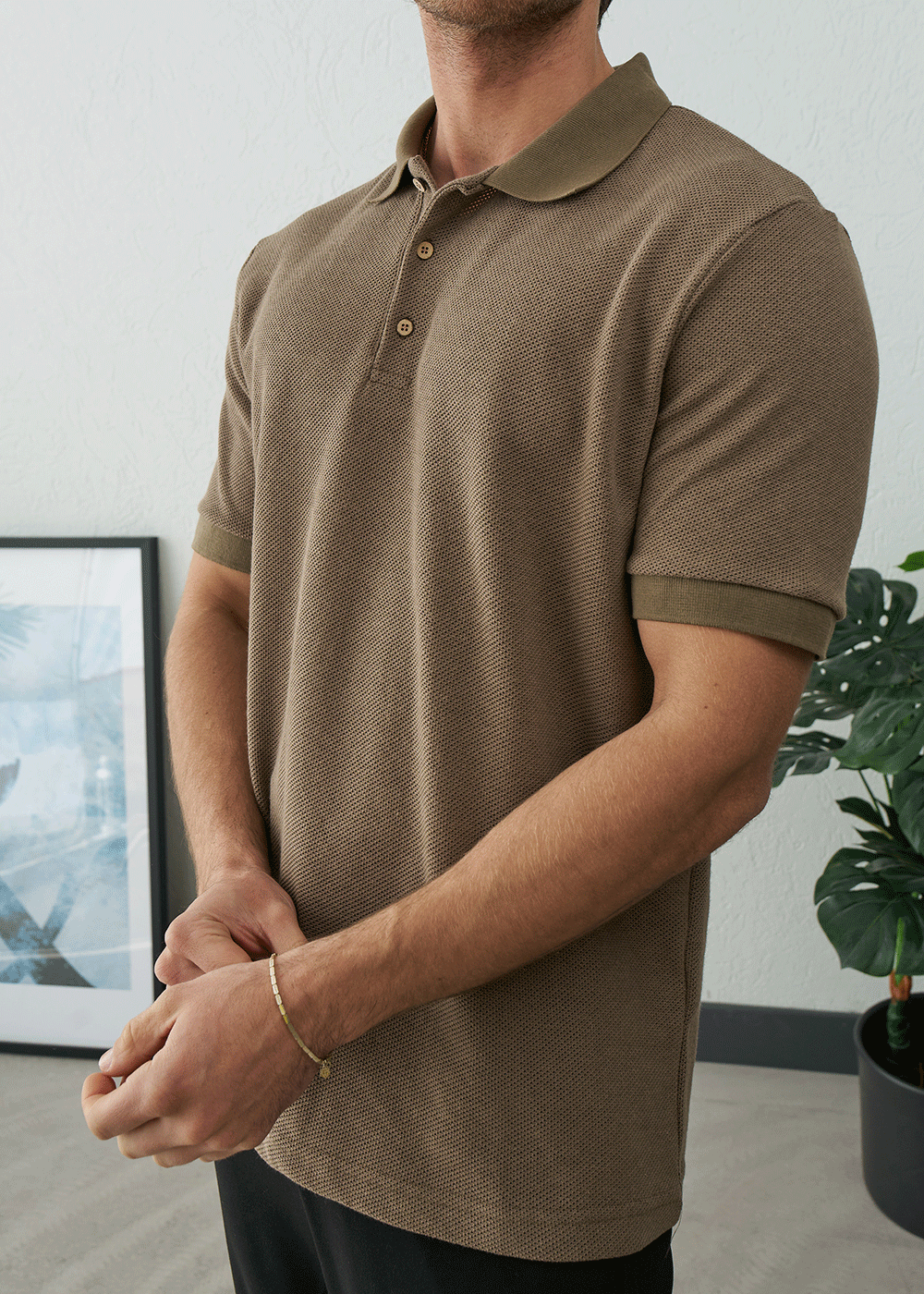 Polo T-Shirt Pique Textured – Καφέ – 5