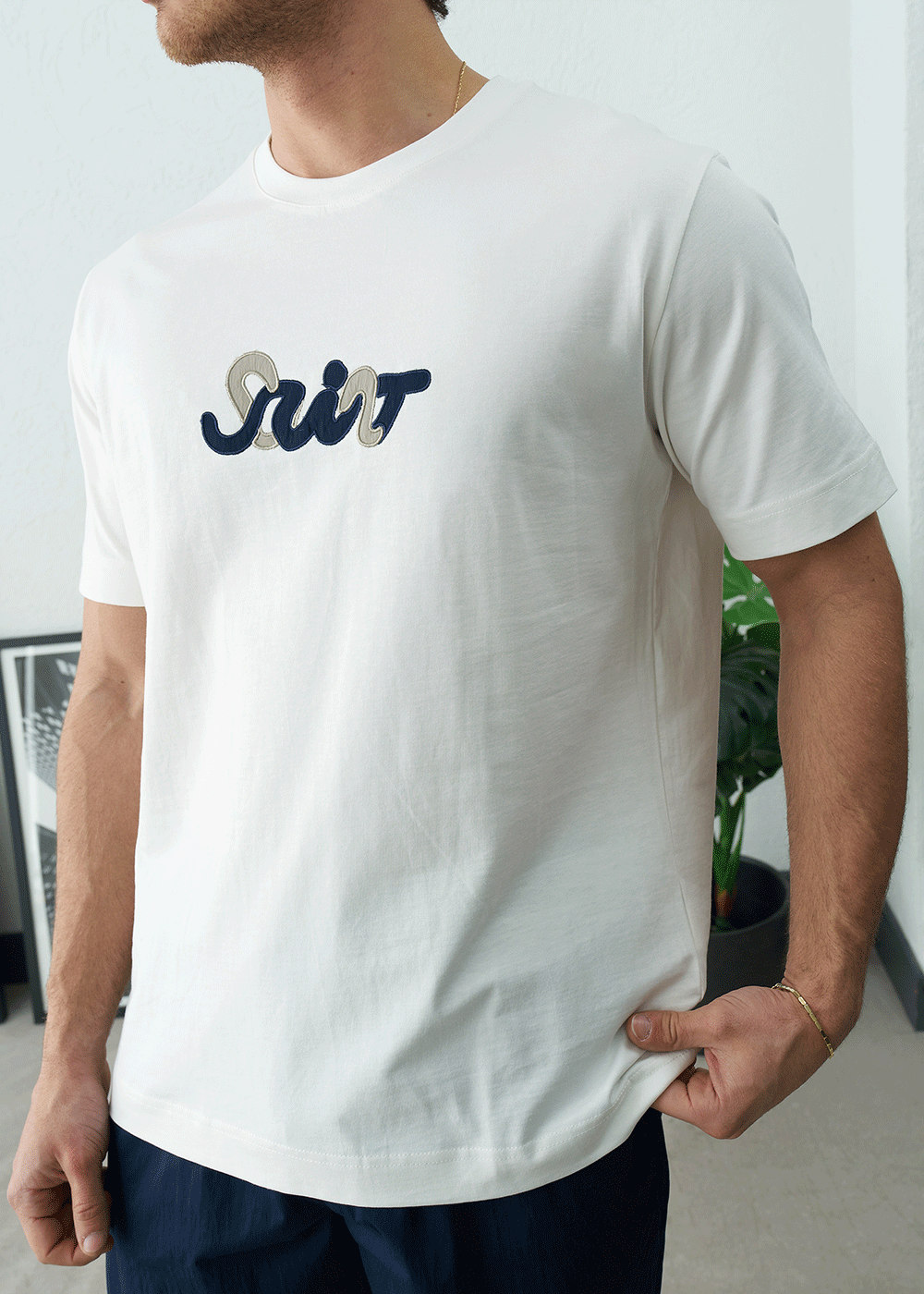 T-Shirt Regular-Fit Embroidered Logo Γκρι/Μαύρο – Λευκό