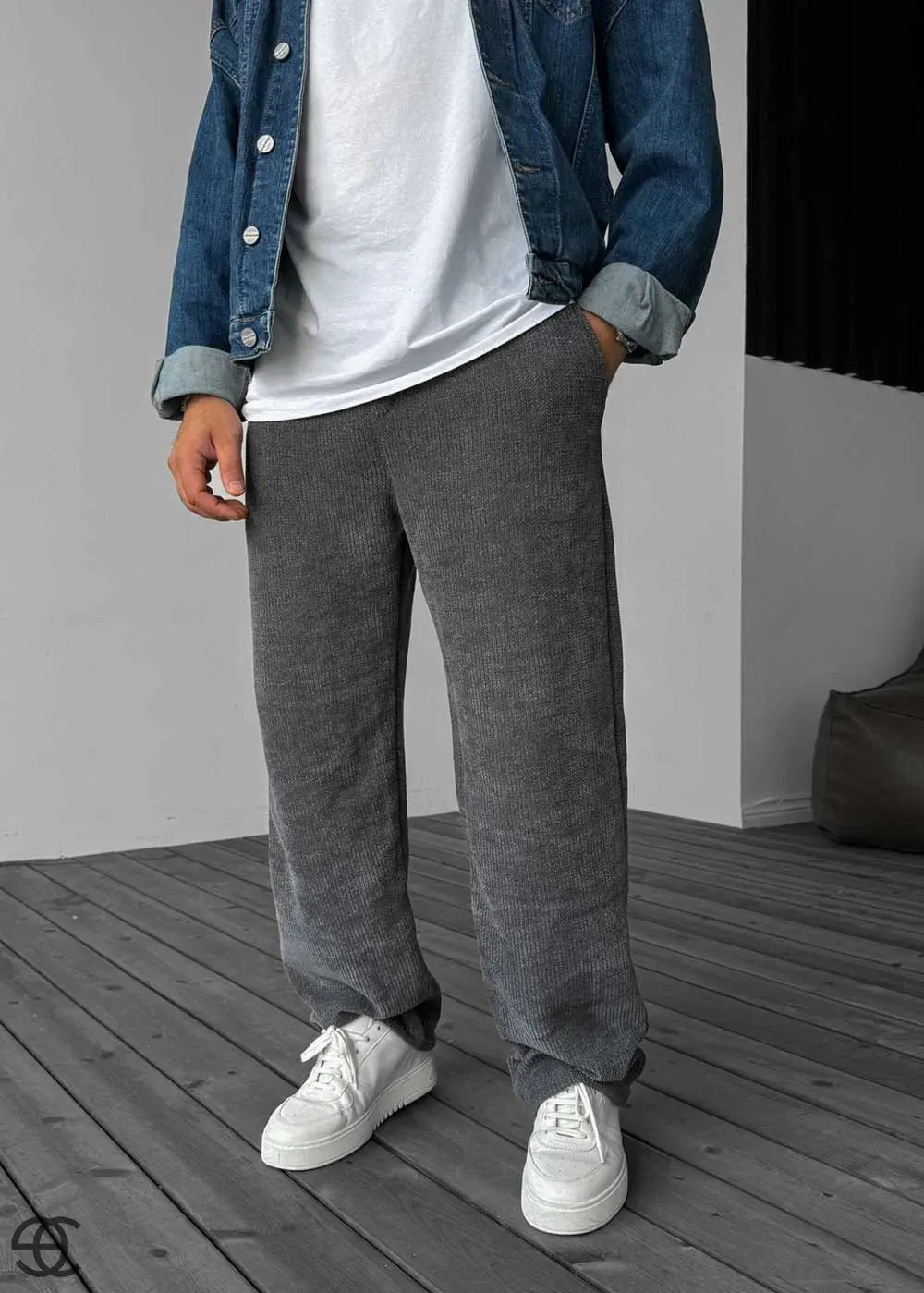 Basic Πλεκτό Baggy Παντελόνι Με Λάστιχο Στη Μέση – Ανθρακί