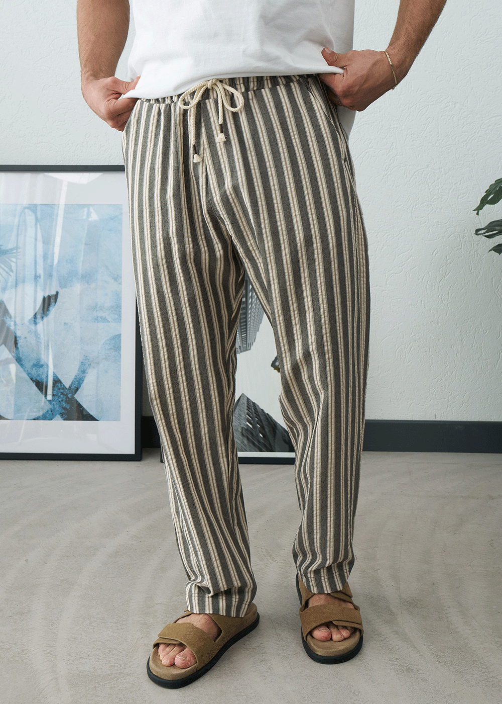 Παντελόνι Regular Baggy Seersucker Stripe Drawstring – Καφέ