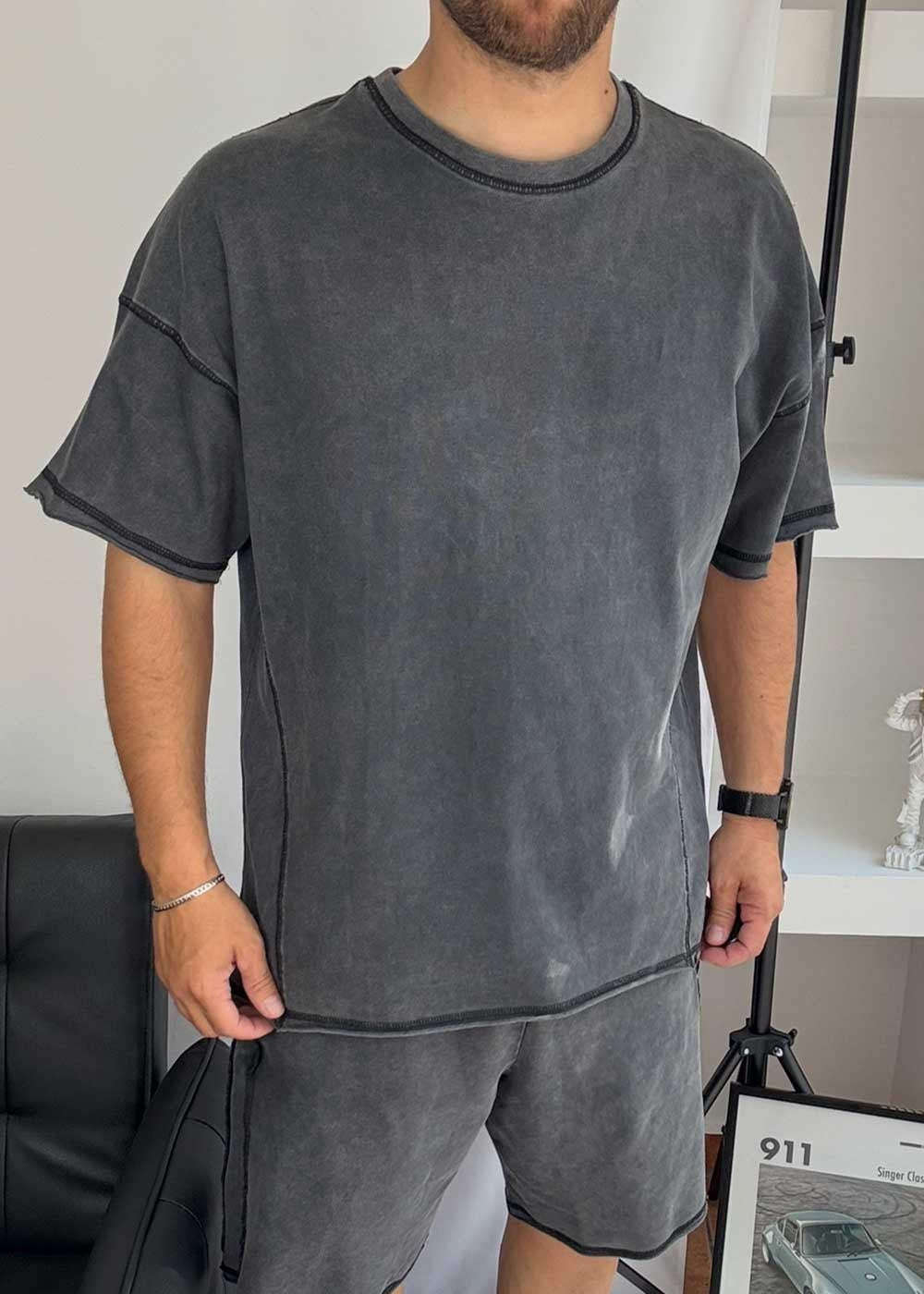 Faded Oversized Tshirt Με Ραφές – Ανθρακί Ξεβαμμένο – 4