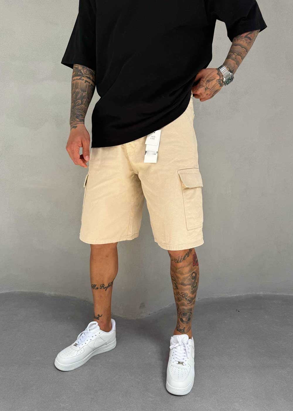 Denim Cargo Βερμούδα Baggy – Σκούρο Μπεζ