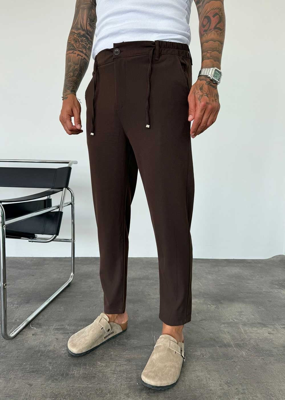 Relaxed Fit Υφασμάτινο Παντελόνι με Λάστιχο – Σκούρο Καφέ