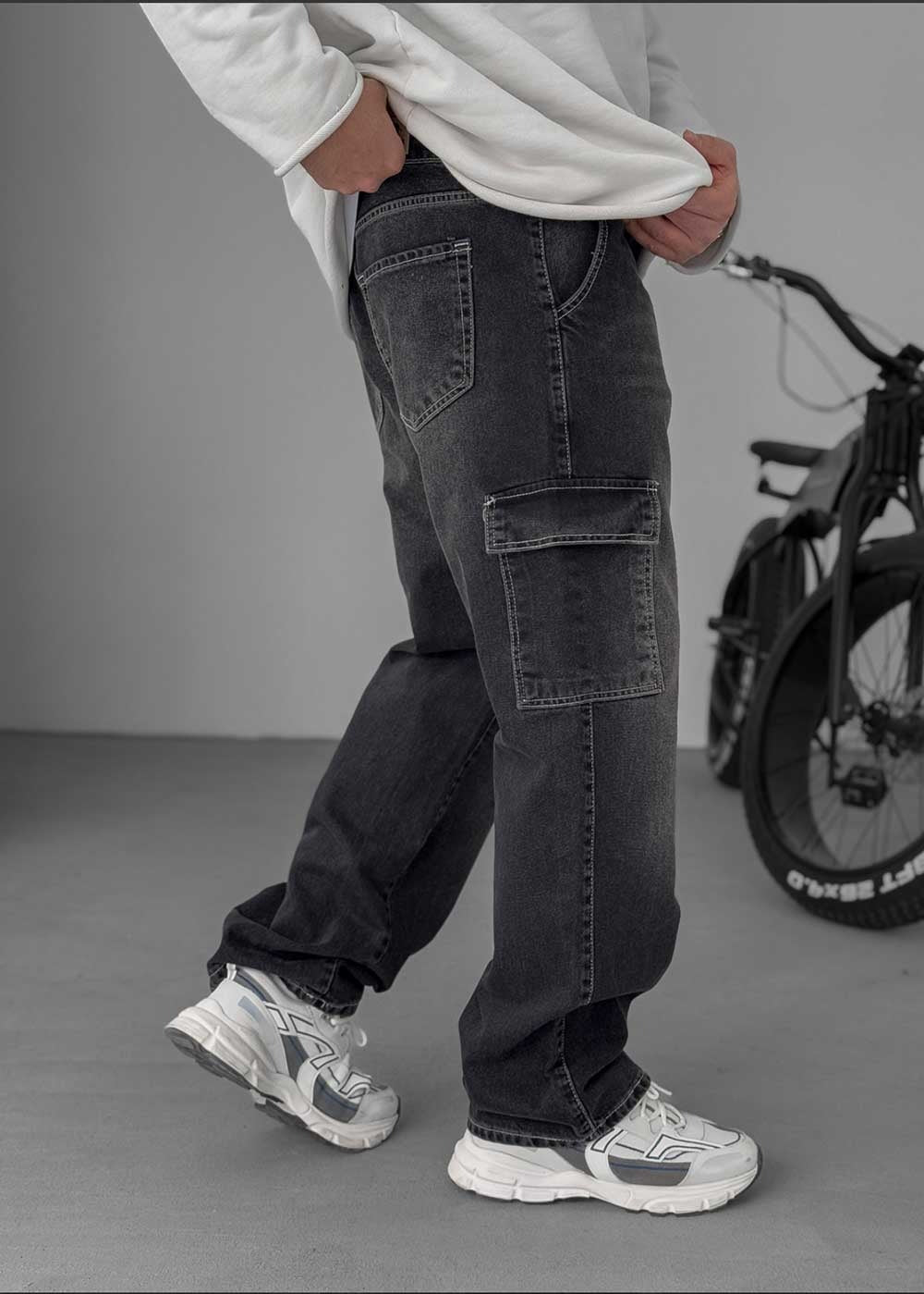 Cargo Baggy Denim Τζιν Με Ραφές – Ξεββαμένο Μαύρο
