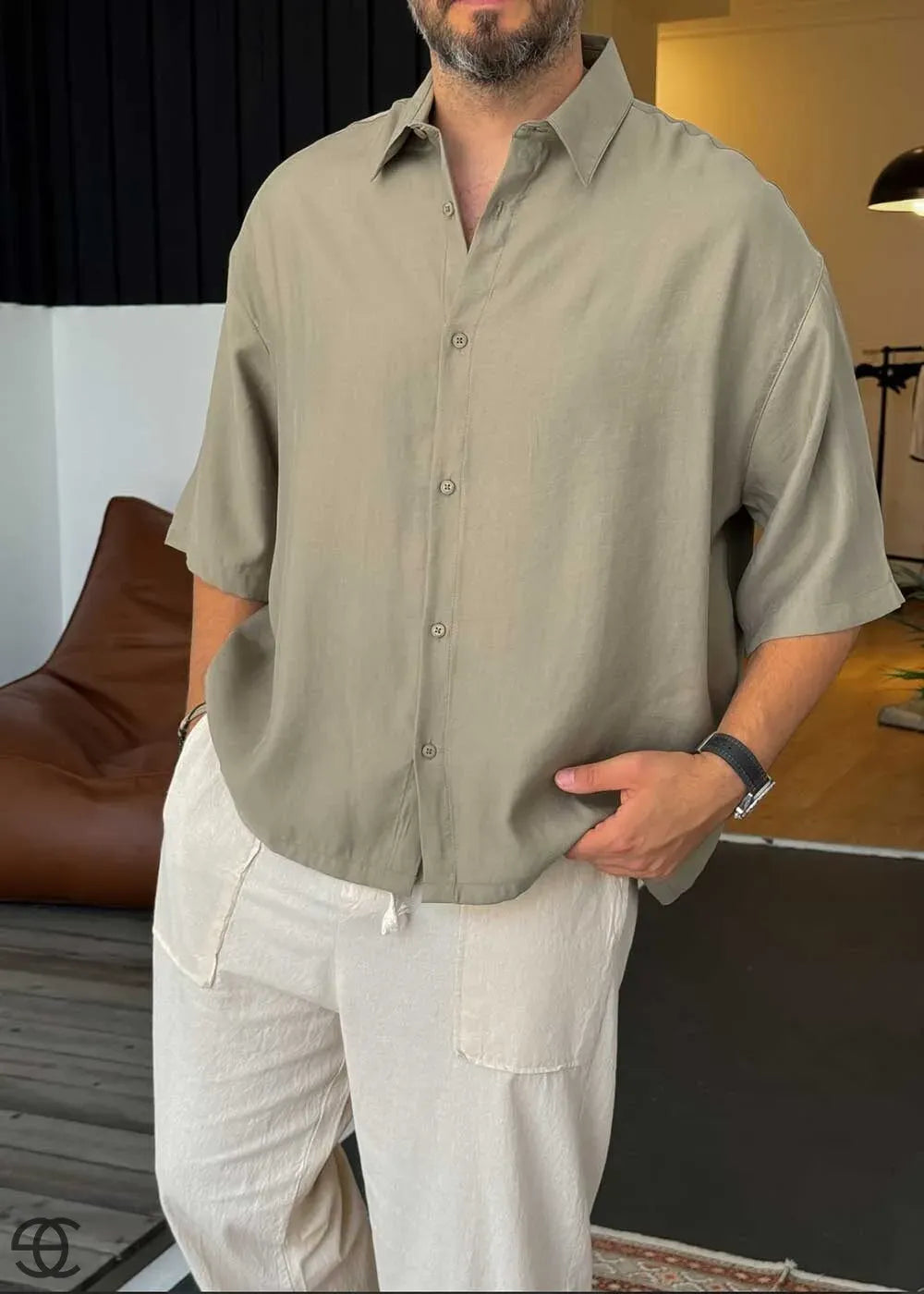 Basic Oversized Πουκάμισο Crop - Χακί