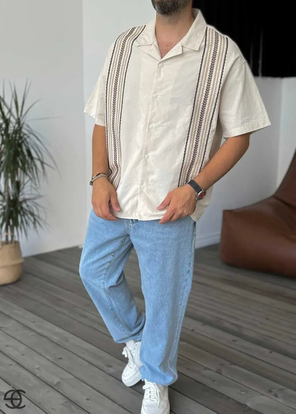 Oversized Πουκάμισο Με Απλικέ Κέντημα Και Κοντό Μανίκι - Μπεζ – 2