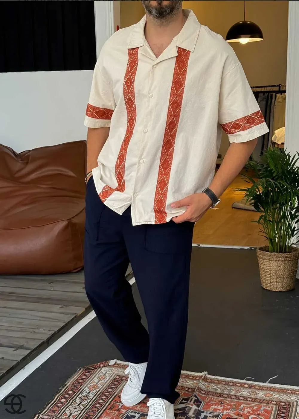 Oversized Πουκάμισο Με Απλικέ Δαντέλα Και Κοντό Μανίκι - Μπεζ